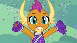 Size: 1920x1080 | Tagged: safe, screencap, character:smolder, species:dragon, episode:2-4-6 greaaat, cheerleader outfit, cheerleader smolder, claws, clothing, confetti, cute, dragoness, fangs, female, grin, hnnng, horns, pom pom, slit eyes, smiling, smolderbetes, solo, toothy grin, when she smiles