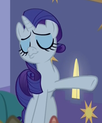 Size: 568x684 | Tagged: safe, screencap, character:rarity, species:pony, species:unicorn, episode:the summer sun setback, g4, my little pony: friendship is magic, confident, cropped, dismissive, eyes closed, eyeshadow, faec, female, gesture, makeup, mare, night, pointing, solo, wavy mouth