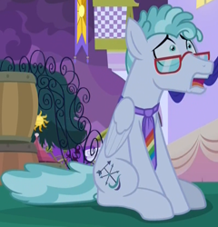 Size: 794x827 | Tagged: safe, screencap, character:feather flatterfly, species:pegasus, species:pony, episode:the summer sun setback, g4, my little pony: friendship is magic, canterlot, cropped, frown, glasses, looking up, male, necktie, night, open mouth, sad, sitting, solo, stallion, worried