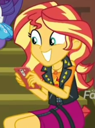 Size: 490x658 | Tagged: safe, screencap, character:rarity, character:sunset shimmer, episode:costume conundrum, g4, my little pony:equestria girls, cellphone, cropped, female, geode of empathy, invite, iphone, magical geodes, phone, sitting, smartphone, smiling, stairs, sunset's apartment, text