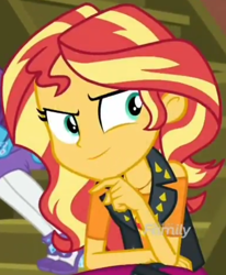 Size: 854x1035 | Tagged: safe, screencap, character:rarity, character:sunset shimmer, episode:costume conundrum, g4, my little pony:equestria girls, cropped, discovery family logo, female, geode of empathy, magical geodes, scheming, sitting, smiling, solo focus, stairs, sunset's apartment