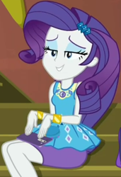 Size: 732x1071 | Tagged: safe, screencap, character:rarity, episode:costume conundrum, g4, my little pony:equestria girls, clothing, cropped, female, geode of shielding, guitar, lidded eyes, magical geodes, musical instrument, pencil skirt, sitting, skirt, smiling, solo, stairs, sunset's apartment