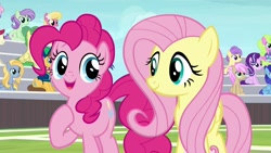 Size: 1920x1080 | Tagged: safe, screencap, character:berry sweet, character:caramel, character:daisy, character:fluttershy, character:goldy wings, character:huckleberry, character:lily, character:lily valley, character:pinkie pie, character:rainbowshine, character:starlight glimmer, character:strawberry scoop, character:sugar maple, character:violet twirl, species:earth pony, species:pegasus, species:pony, species:unicorn, episode:2-4-6 greaaat, background pony, background pony audience, blue october, blueberry muffin, female, friendship student, male, mare, offscreen character, race swap, stallion, wingless