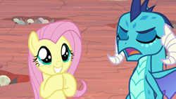 Size: 1920x1080 | Tagged: safe, screencap, character:fluttershy, character:princess ember, species:dragon, species:pony, episode:sweet and smoky, g4, my little pony: friendship is magic, cute, dragon egg, dragoness, duo, egg, eyes closed, female, hooves together, mare, shyabetes