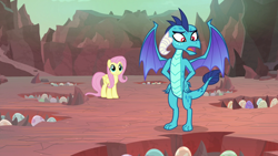 Size: 1920x1080 | Tagged: safe, screencap, character:fluttershy, character:princess ember, species:dragon, species:pegasus, species:pony, episode:sweet and smoky, g4, my little pony: friendship is magic, dragon egg, dragon lands, dragoness, duo, egg, female, mare