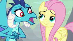Size: 1920x1080 | Tagged: safe, screencap, character:fluttershy, character:princess ember, episode:sweet and smoky, g4, my little pony: friendship is magic, duo, lidded eyes