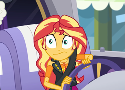 Size: 1495x1080 | Tagged: safe, screencap, character:sunset shimmer, episode:driving miss shimmer, g4, my little pony:equestria girls, cropped, driving miss shimmer: rarity, female, geode of empathy, limousine, magical geodes, offscreen character, randolph, seatbelt, shrunken pupils, steering wheel, wavy mouth, wide eyes