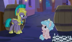Size: 1052x613 | Tagged: safe, screencap, character:cozy glow, character:queen chrysalis, character:vanguard cover, species:pegasus, species:pony, episode:the summer sun setback, g4, my little pony: friendship is magic, armor, chess, chessboard, disguise, disguised changeling, duo, female, filly, foal, guardsmare, helmet, hoof shoes, mare, royal guard