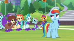 Size: 1920x1080 | Tagged: safe, screencap, character:lighthoof, character:ocellus, character:rainbow dash, character:shimmy shake, character:smolder, character:yona, species:changedling, species:changeling, species:dragon, species:pony, species:reformed changeling, species:yak, episode:2-4-6 greaaat, cap, cheerleader ocellus, cheerleader outfit, cheerleader smolder, cheerleader yona, clothing, hat