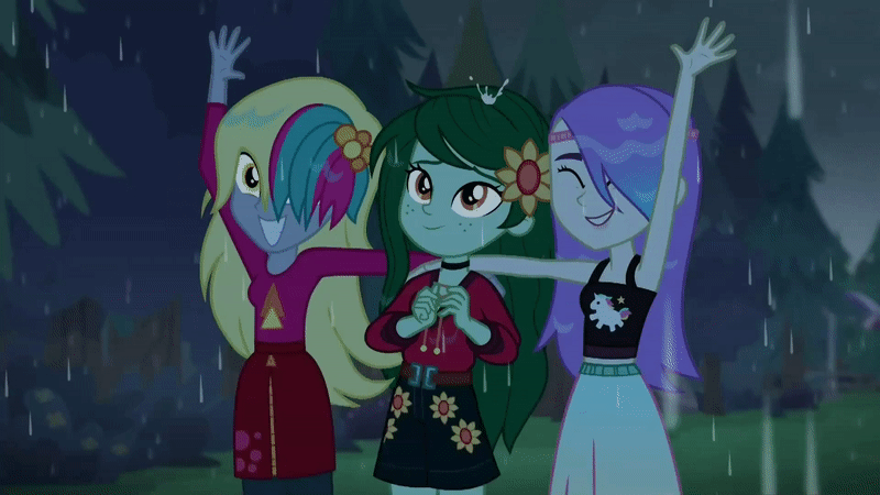 Size: 800x450 | Tagged: safe, screencap, character:derpy hooves, character:wallflower blush, episode:let it rain, g4, my little pony:equestria girls, animated, arm around back, clothing, cloud, cute, dripping, eyes closed, female, flowerbetes, freckles, gif, grass, hair ornament, hair over one eye, looking at someone, midriff, music festival outfit, outdoors, rain, sleeveless, smiling, snow flower, tank top, tree, trio, trio female, waving, wet, wet hair