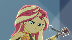 Size: 1920x1080 | Tagged: safe, screencap, character:sunset shimmer, episode:let it rain, g4, my little pony:equestria girls, acoustic guitar, female, guitar, guitar strap, microphone, musical instrument, smiling, solo, stage, stage light