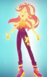 Size: 415x676 | Tagged: safe, screencap, character:sunset shimmer, episode:let it rain, g4, my little pony:equestria girls, beautiful, boots, clothing, cropped, cute, eyes closed, flowing hair, geode of empathy, magical geodes, pants, shimmerbetes, shoes, sleeveless, smiling