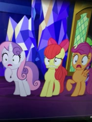 Size: 3024x4032 | Tagged: safe, screencap, character:apple bloom, character:scootaloo, character:sweetie belle, species:pegasus, species:pony, species:unicorn, episode:growing up is hard to do, g4, my little pony: friendship is magic, cutie mark, cutie mark crusaders, distorted, older, older apple bloom, older cmc, older scootaloo, older sweetie belle