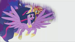 Size: 1280x720 | Tagged: safe, screencap, character:flash sentry, character:princess celestia, character:princess luna, character:star swirl the bearded, character:sunset shimmer, character:twilight sparkle, character:twilight sparkle (alicorn), species:alicorn, species:pony, species:unicorn, episode:the last problem, g4, my little pony: friendship is magic, crown, cute, ethereal mane, flying, it finally happened, jewelry, mane, older, older twilight, princess, princess twilight 2.0, regalia, song, twiabetes