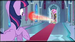 Size: 1731x964 | Tagged: safe, screencap, character:cozy glow, character:twilight sparkle, character:twilight sparkle (alicorn), species:alicorn, species:pony, episode:the ending of the end, g4, my little pony: friendship is magic, leak, blast, canterlot, canterlot castle, cozy glow is best facemaker, cozycorn, magic, magic blast, race swap, royal guard, shocked, shocked expression, throne room