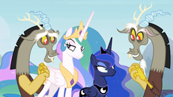 Size: 1920x1080 | Tagged: safe, screencap, character:discord, character:princess celestia, character:princess luna, species:alicorn, species:draconequus, species:pony, episode:the ending of the end, g4, my little pony: friendship is magic, leak, cute, discute, female, male, puppy dog eyes, trio