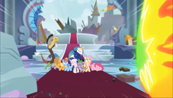 Size: 1920x1080 | Tagged: safe, screencap, character:applejack, character:discord, character:fluttershy, character:pinkie pie, character:princess celestia, character:princess luna, character:rainbow dash, character:rarity, character:spike, species:dragon, episode:the ending of the end, g4, my little pony: friendship is magic, leak, animation error, missing horn, winged spike