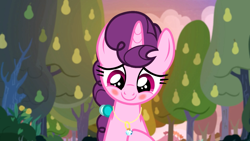 Size: 1920x1080 | Tagged: safe, screencap, character:sugar belle, species:pony, episode:the big mac question, g4, my little pony: friendship is magic, blushing, cute, jewelry, necklace, pear tree, solo, sugarbetes, tree