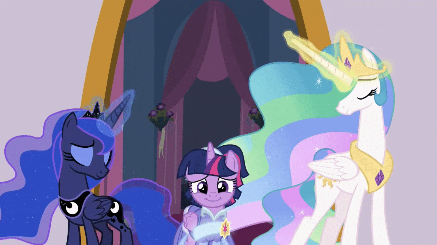 Size: 1500x843 | Tagged: safe, screencap, character:princess celestia, character:princess luna, character:twilight sparkle, character:twilight sparkle (alicorn), species:alicorn, species:pony, episode:the last problem, g4, my little pony: friendship is magic, animated, big crown thingy 2.0, crown, eyes closed, female, former princess celestia, former princess luna, fusion, gif, glowing horn, horn, jewelry, mare, regalia, retirement, symbolism