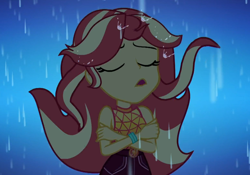 Size: 1546x1080 | Tagged: safe, screencap, character:sunset shimmer, episode:let it rain, g4, my little pony:equestria girls, cropped, eyes closed, female, geode of empathy, magical geodes, rain, singing, sleeveless, solo