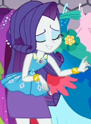 Size: 646x884 | Tagged: safe, screencap, character:rarity, episode:costume conundrum, g4, my little pony:equestria girls, clothing, costume conundrum: rarity, cropped, eyes closed, female, geode of shielding, leaned forward, magical geodes, pencil skirt, rarity's bedroom, skirt, smiling, solo, this old thing