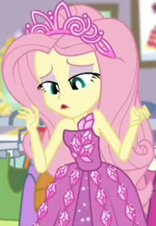 Size: 616x896 | Tagged: safe, screencap, character:fluttershy, episode:costume conundrum, g4, my little pony:equestria girls, bare shoulders, clothing, costume conundrum: rarity, cropped, cute, dress, jewelry, looking down, princess dress, princess fluttershy, rarity's bedroom, seriously, sleeveless, solo, tiara