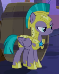 Size: 384x479 | Tagged: safe, screencap, character:queen chrysalis, character:vanguard cover, species:pegasus, species:pony, episode:the summer sun setback, g4, my little pony: friendship is magic, annoyed, armor, barrel, cropped, disguise, disguised changeling, female, guardsmare, helmet, hoof shoes, mare, royal guard, solo, tail wrap
