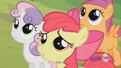 Size: 1176x662 | Tagged: safe, screencap, character:apple bloom, character:scootaloo, character:sweetie belle, species:pegasus, species:pony, episode:ponyville confidential, g4, my little pony: friendship is magic, cutie mark crusaders, dat butt, meme, youtube caption