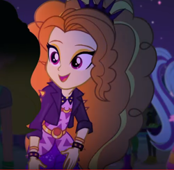 Size: 490x480 | Tagged: safe, screencap, character:adagio dazzle, episode:find the magic, g4, my little pony:equestria girls, adoragio, bracelet, clothing, cropped, cute, headband, jacket, jewelry, leather jacket, smiling, solo, spiked headband, spiked wristband, watch, when she smiles, wristband, wristwatch