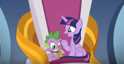 Size: 1235x640 | Tagged: safe, screencap, character:spike, character:twilight sparkle, character:twilight sparkle (alicorn), species:alicorn, species:dragon, species:pony, episode:the ending of the end, g4, my little pony: friendship is magic, leak, female, male, medal, throne, winged spike
