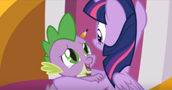 Size: 1234x646 | Tagged: safe, screencap, character:spike, character:twilight sparkle, character:twilight sparkle (alicorn), species:alicorn, species:dragon, species:pony, episode:the ending of the end, g4, my little pony: friendship is magic, leak, crying, cute, hug, mama twilight, medal, sparkle siblings, spikabetes, tears of joy, winged spike