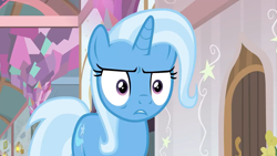 Size: 1366x768 | Tagged: safe, screencap, character:trixie, species:pony, species:unicorn, episode:a horse shoe-in, g4, my little pony: friendship is magic, leak, disbelief, faec, solo