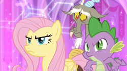 Size: 1011x568 | Tagged: safe, screencap, character:discord, character:fluttershy, character:spike, species:draconequus, species:dragon, species:pegasus, species:pony, episode:the ending of the end, g4, my little pony: friendship is magic, leak, female, magic, magic bubble, male, mare, ready to fight, winged spike