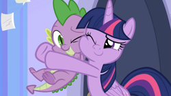 Size: 1920x1080 | Tagged: safe, screencap, character:spike, character:twilight sparkle, character:twilight sparkle (alicorn), species:alicorn, species:dragon, species:pony, episode:the ending of the end, g4, my little pony: friendship is magic, brother and sister, cheek squish, cute, dawwww, female, hug, male, mare, one eye closed, siblings, sparkle siblings, spikelove, squishy cheeks, twiabetes, winged spike, wink