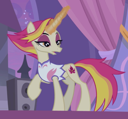 Size: 1468x1369 | Tagged: safe, screencap, character:fire flare, species:pony, species:unicorn, episode:the summer sun setback, g4, my little pony: friendship is magic, clothing, cropped, female, lidded eyes, magic, magic aura, mare, raised hoof, solo