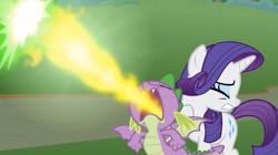 Size: 1009x565 | Tagged: safe, screencap, character:rarity, character:spike, species:dragon, episode:the ending of the end, g4, my little pony: friendship is magic, leak, fire, fire blast, fire breath, male, winged spike