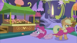 Size: 1366x768 | Tagged: safe, screencap, character:applejack, character:pinkie pie, species:earth pony, species:pony, episode:the summer sun setback, g4, my little pony: friendship is magic, crate, cupcake, dessert, dragging, food, food stand, heart, mouth hold, pulling, stairs, unamused, vendor stall
