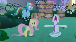 Size: 1366x768 | Tagged: safe, screencap, character:feather flatterfly, character:fluttershy, character:rainbow dash, species:pony, episode:the summer sun setback, g4, my little pony: friendship is magic, barrel, barrels, bush, card, necktie, panic, panicking