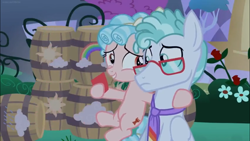 Size: 1366x768 | Tagged: safe, screencap, character:cozy glow, character:feather flatterfly, species:pony, episode:the summer sun setback, g4, my little pony: friendship is magic, barrel, card, flower, hoof on shoulder, necktie, this will end in destruction, this will end in tears