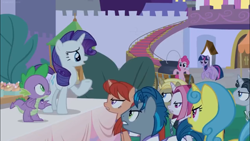 Size: 1366x768 | Tagged: safe, screencap, character:cayenne, character:golden gavel, character:lemon hearts, character:pinkie pie, character:rarity, character:spike, character:twilight sparkle, character:twilight sparkle (alicorn), character:upper crust, species:alicorn, species:dragon, species:pony, species:unicorn, episode:the summer sun setback, g4, my little pony: friendship is magic, angry, cauldron, crate, crowd, hot streak, night fire, stage, upset, wall, winged spike