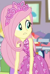 Size: 615x893 | Tagged: safe, screencap, character:fluttershy, episode:costume conundrum, g4, my little pony:equestria girls, bare shoulders, clothing, costume conundrum: rarity, cropped, cute, dress, jewelry, leaned forward, princess fluttershy, rarity's bedroom, seriously, sleeveless, strapless, tiara
