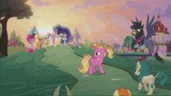 Size: 1920x1080 | Tagged: safe, screencap, character:applejack, character:fluttershy, character:luster dawn, character:pinkie pie, character:rainbow dash, character:rarity, character:spike, character:twilight sparkle, character:twilight sparkle (alicorn), species:alicorn, species:earth pony, species:griffon, species:kirin, species:pegasus, species:pony, species:unicorn, species:yak, episode:the last problem, g4, my little pony: friendship is magic, animated, book, book end, book of harmony, clothing, coat, crown, end of ponies, flying, full circle, gallop j. fry, hat, jacket, jewelry, looking back, older, older gallop j. fry, pony history, ponyville, regalia, sound, sunset, the end, the ride is over, walking, wave, webm