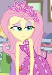 Size: 610x882 | Tagged: safe, screencap, character:fluttershy, episode:costume conundrum, g4, my little pony:equestria girls, bare shoulders, clothing, costume conundrum: rarity, cropped, cute, dress, jewelry, leaned forward, lidded eyes, princess fluttershy, rarity's bedroom, seriously, sleeveless, strapless, tiara