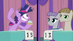 Size: 1920x1080 | Tagged: safe, screencap, character:maud pie, character:mudbriar, character:twilight sparkle, character:twilight sparkle (alicorn), species:alicorn, species:earth pony, species:pony, episode:a trivial pursuit, g4, my little pony: friendship is magic, bell, curtains, faec, female, frazzled, male, mare, messy mane, score, smiling, split screen, stallion, table, twilight snapple, twilynanas