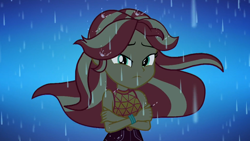 Size: 1910x1080 | Tagged: safe, screencap, character:sunset shimmer, episode:let it rain, g4, my little pony:equestria girls, beautiful, crossed arms, female, geode of empathy, looking at you, magical geodes, night, rain, sleeveless, solo