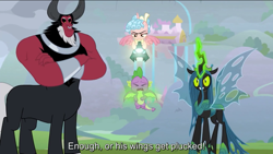 Size: 1136x640 | Tagged: safe, screencap, character:cozy glow, character:lord tirek, character:queen chrysalis, character:spike, species:alicorn, species:dragon, species:pony, episode:the ending of the end, g4, my little pony: friendship is magic, leak, alicornified, animation error, cozycorn, poor spike, race swap, spikeabuse, subtitles, ultimate chrysalis, winged spike