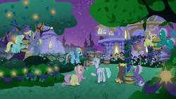 Size: 1920x1080 | Tagged: safe, screencap, character:compass star, character:feather flatterfly, character:fluttershy, character:parasol, character:rainbow dash, character:sassaflash, character:silver script, species:pegasus, species:pony, episode:the summer sun setback, g4, my little pony: friendship is magic, apple tree, background pony, barrel, buddy, canterlot gardens, female, male, mare, night, stallion, stormfeather, tree