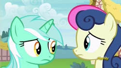 Size: 1280x720 | Tagged: safe, screencap, character:bon bon, character:lyra heartstrings, character:sweetie drops, species:earth pony, species:pony, species:unicorn, episode:triple threat, g4, my little pony: friendship is magic, confused, discovery family logo, duo, female, looking at each other, mare