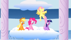 Size: 1920x1080 | Tagged: safe, screencap, character:applejack, character:fluttershy, character:pinkie pie, character:twilight sparkle, species:pony, episode:sonic rainboom, g4, my little pony: friendship is magic, animated, blinking, bouncing, cheering, cloudsdale, cute, eyes closed, happy, jaw drop, jumping, looking down, loop, open mouth, shocked, shyabetes, sound, webm