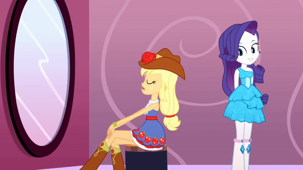 Size: 600x338 | Tagged: safe, artist:brightstar40k, screencap, character:applejack, character:rarity, episode:make up shake up, eqg summertime shorts, g4, my little pony:equestria girls, animated, bare shoulders, gif, sleeveless, strapless